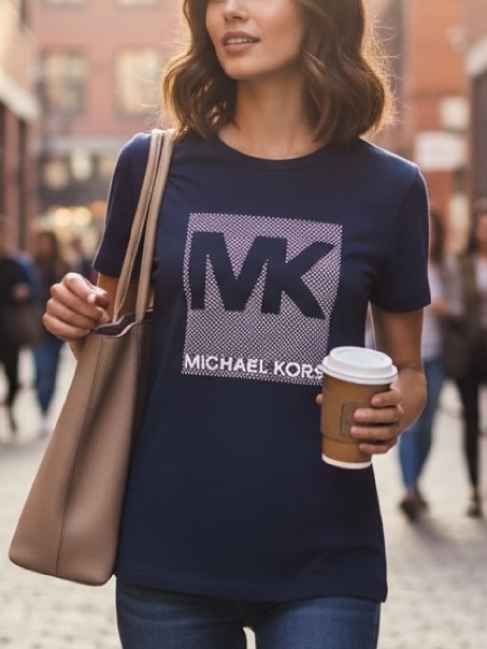 Michael Kors Studded MK Box Logo T-Shirt Navy Blue M NWOT